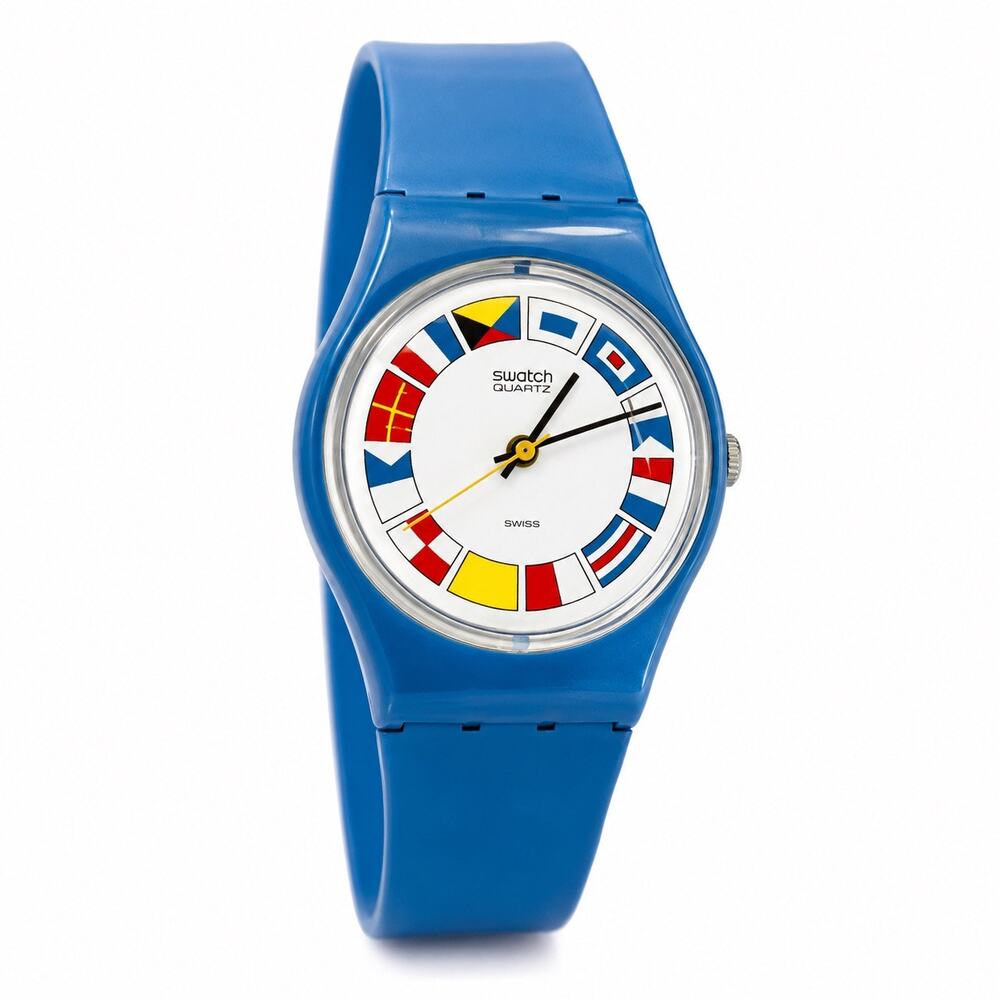Vtg 80s Swatch 12 Flags Watch 1984 Blue Nautical Maritime LS101